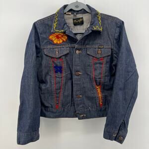 Vintage Wrangles Embroidered Denim Cropped Jacket 60s 70s Butterfly Hippie Boho